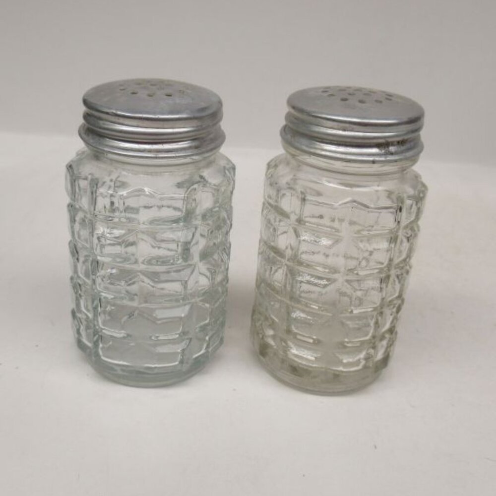 Hazel Atlas Depression Glass Crystal CUBE 3 In High Salt and Pepper Shakers,Pair